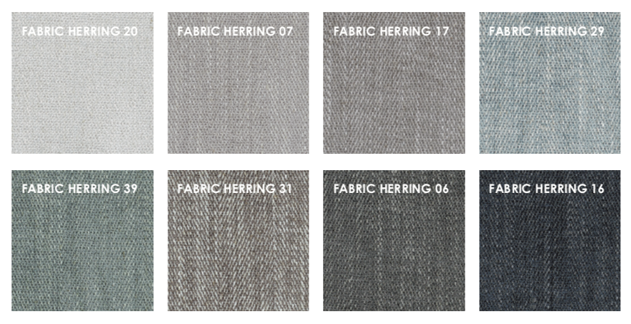 Herring fabric swatches for Cocoon Sofa by Eilersen at Trade Source Furniture, showing eight woven textures in light to dark grey shades.