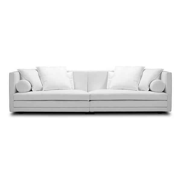 Front view of Cocoon Sofa by Eilersen at Trade Source Furniture in white fabric, showcasing symmetrical design with bolster and square cushions.