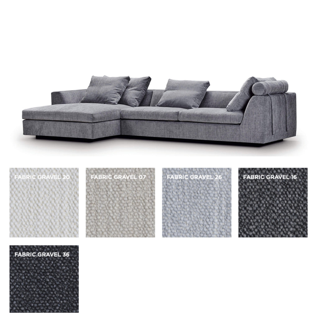 Chess Sofa by Eilersen in dark grey with Herring fabric swatches, offering a wide range of stylish upholstery textures and tones.