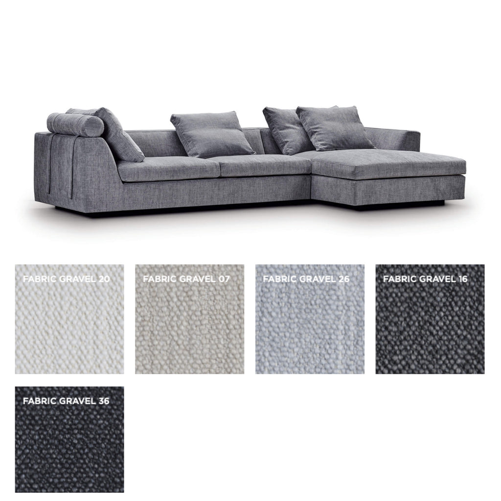 Chess Sofa by Eilersen in dark grey with Gravel fabric swatches, highlighting five color options for personalized furniture design.