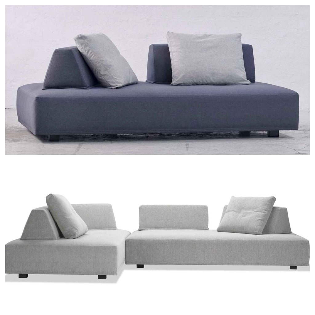 Side-by-side comparison of Eilersen Playground Sofas in grey and blue upholstery, showcasing color and layout options.