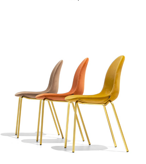 Three contemporary Italian upholstered dining chairs with colorful velvet seats in beige, orange, and yellow, featuring sleek gold metal legs, exemplifying Italian craftsmanship and modern design.