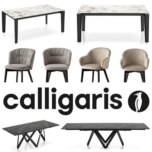 Elegant modern dining tables with marble tops and black wooden legs, complemented by stylish upholstered dining chairs in neutral tones, showcasing Calligaris' new quick ship capsule collection.