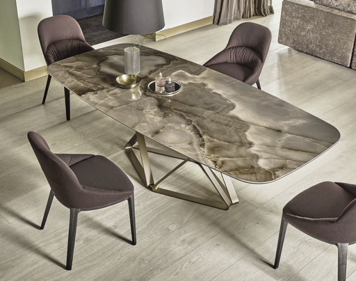 Elegant Italian-made SuperMarble tabletop with natural stone appearance, durable and timeless for modern dining spaces.