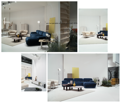 Elegant Italian-made furniture display featuring plush velvet sofas in navy and beige, modern coffee tables, and minimalist decor in a bright, contemporary showroom.