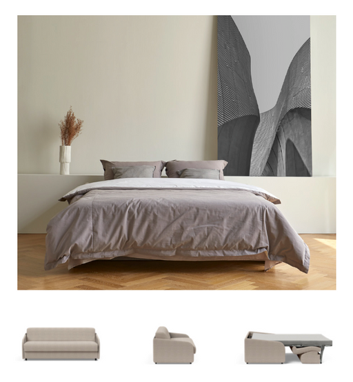 Illustration of a modern bedroom featuring a neutral-toned sleeper sofa with minimalist design, showcasing versatile sleeping and seating options for innovative living spaces.