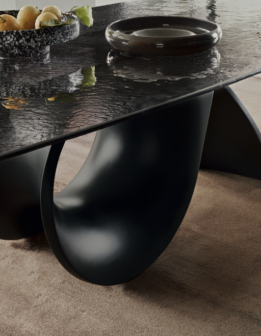 Elegant black tabletop with a glossy finish and sculptural curved black base, showcasing modern design and sophisticated style.