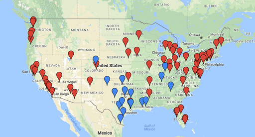 A detailed map of the United States showing various locations marked with red and blue pins, illustrating furniture delivery service coverage across major cities and regions.