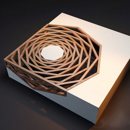 A modern, geometric wooden object with intricate spiral lattice design, part of the Trade Source Furniture Collection, showcasing contemporary craftsmanship.