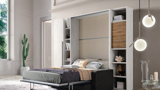 Modern Murphy bed with integrated shelving and storage, showcasing space-saving design ideal for small bedrooms or multi-functional rooms.