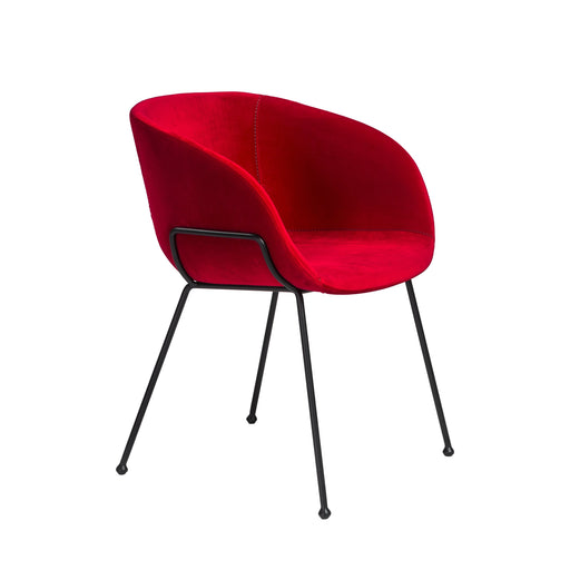 A modern red velvet armchair with sleek black metal legs, blending contemporary style with comfort for stylish interior decor.
