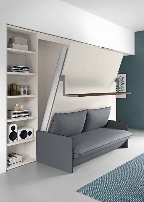 A compact, multi-functional sofa with a fold-up bed feature, integrated into a small modern living space with built-in shelving, ideal for small space interiors.