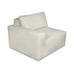 A modern low-profile armchair upholstered in a light cream or off-white fabric, featuring a wide armrest, a square back cushion, and a low back, shown against a plain white background.