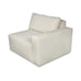 A modern low-profile accent chair upholstered in a warm off-white fabric, featuring a square armrest design and a single back cushion, shown on a plain white background.