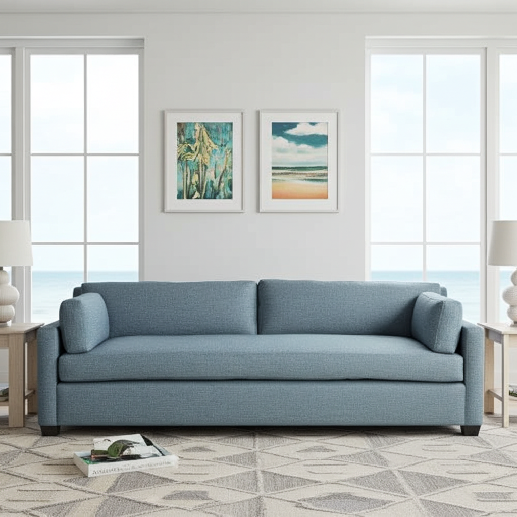 Blue sofa by Moss Home in a room at a Florida beach condo with large windows and framed artwork on the wall.