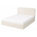 An upholstered bed frame in a light beige fabric, shown with a white mattress fitted on it, against a plain white background.