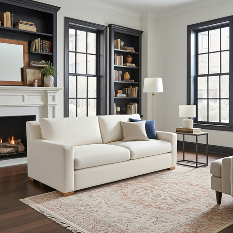 Living room with a white sofa, bookshelves, and large windows.