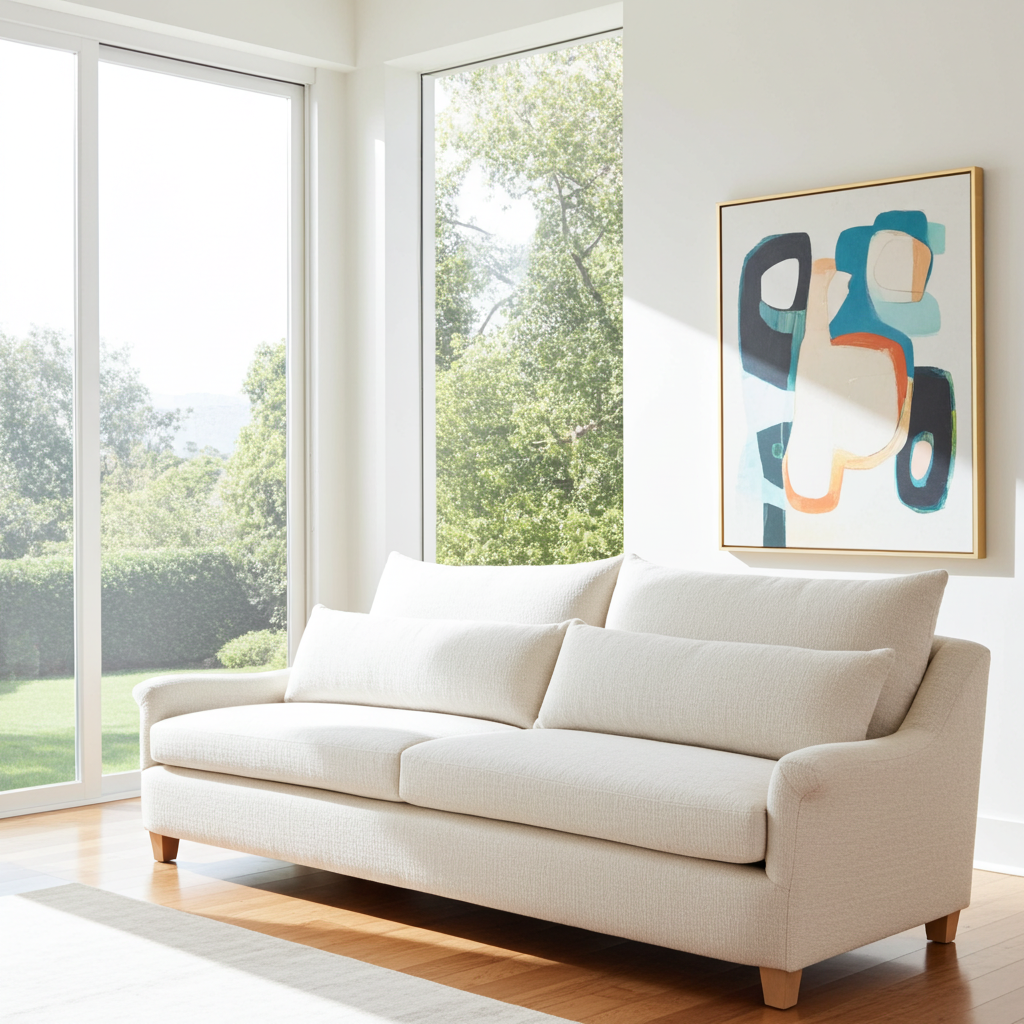 White sofa in a bright living room with a colorful abstract painting on the wall.