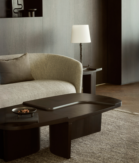 Brutalist Coffee Table in dark wood finish styled in a modern living room with neutral tones, part of Ethnicraft Furniture QUICK SHIP collection.