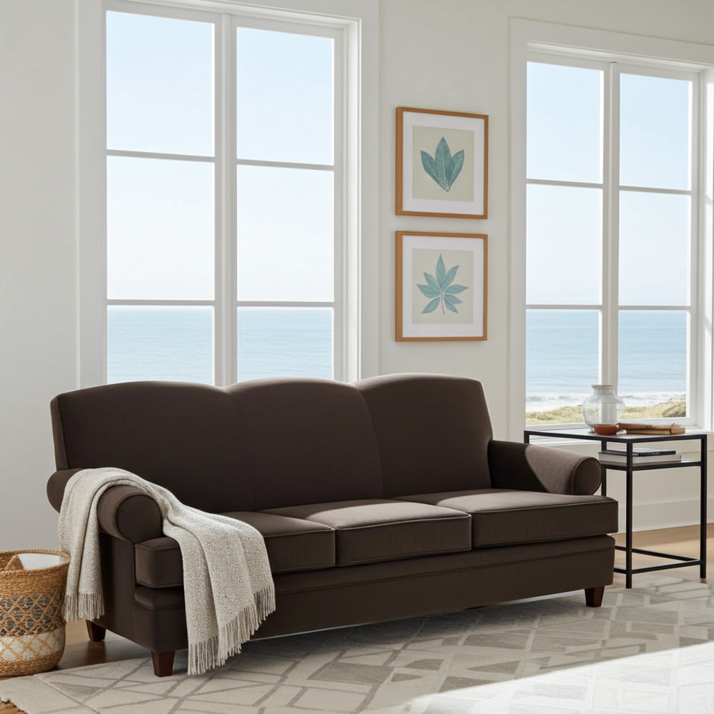 Brown sofa in a room with large windows and beach view