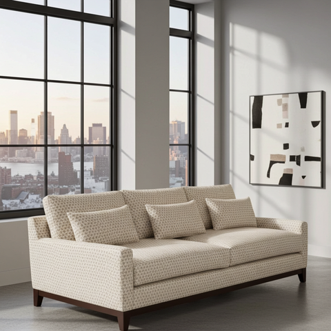 Beige sofa in a room with large windows and abstract art on the wall.