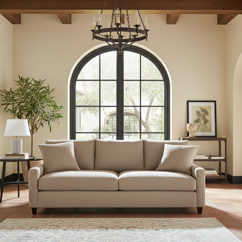 Beige sofa in a living room with a large window and decorative elements.