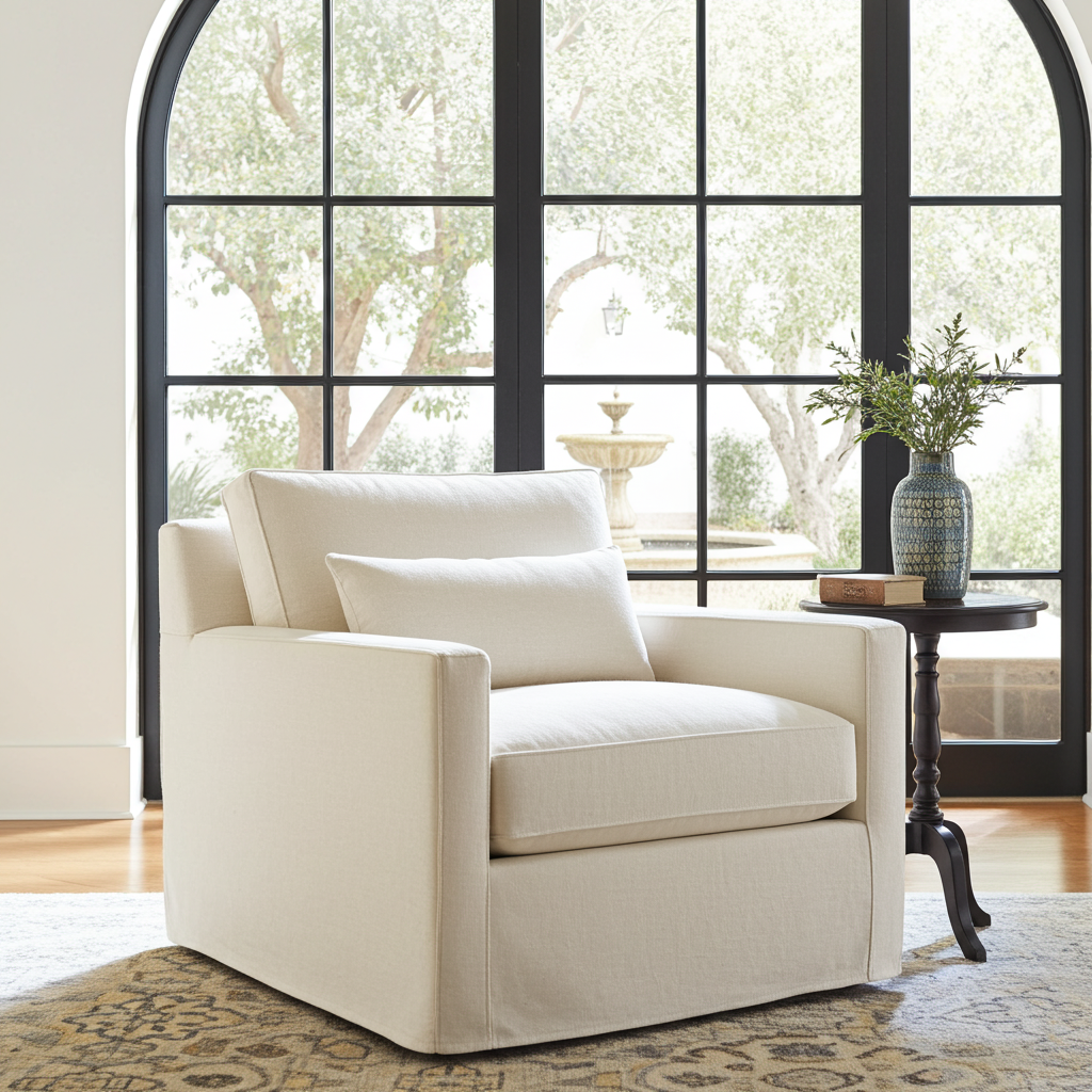 Beige armchair in a room with large windows and a decorative table.