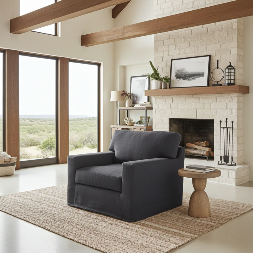 Modern living room with a gray armchair, fireplace, and large windows.