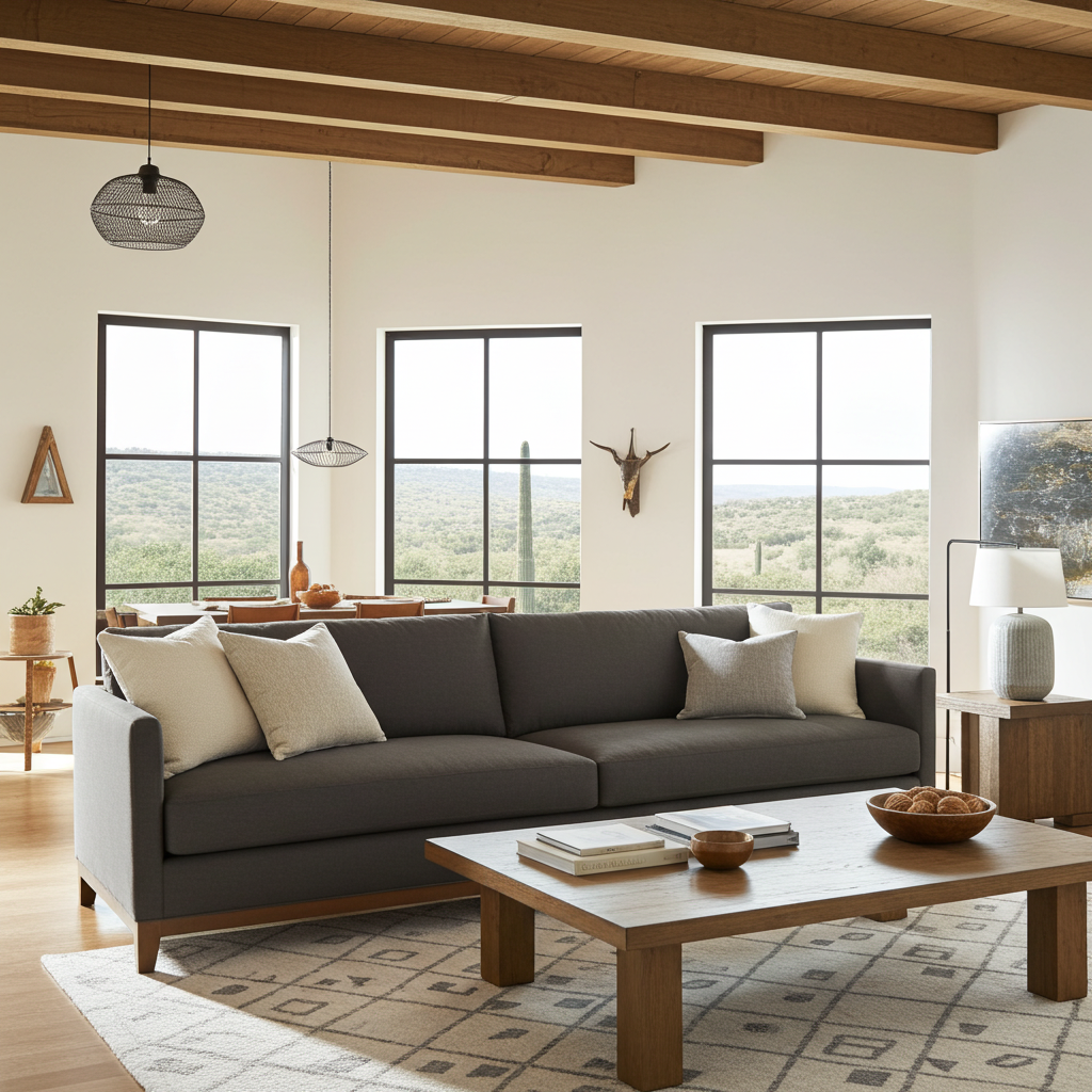 Modern living room with a gray sofa, wooden coffee table, and large windows.