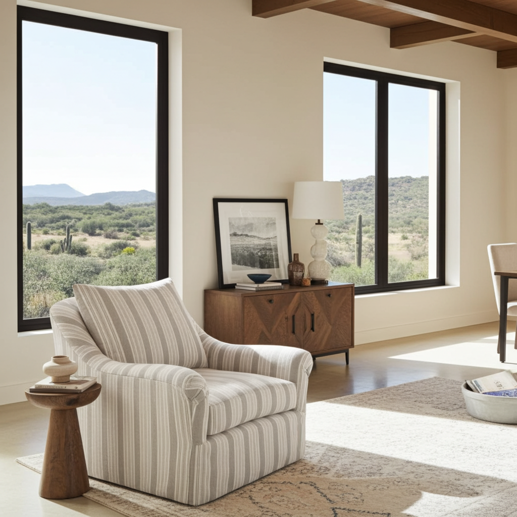Living room with striped armchair, wooden side table, and large windows showing a scenic view.