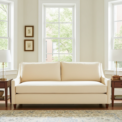 Beige sofa in a living room with large windows and light decor