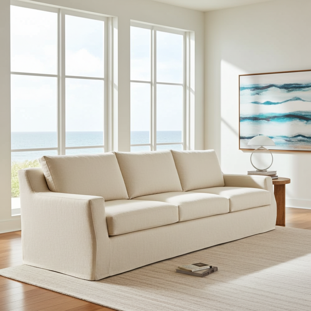 Beige sofa in a modern living room with large windows and a view of the ocean.
