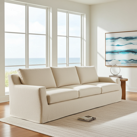Beige sofa in a modern living room with large windows and a view of the ocean.