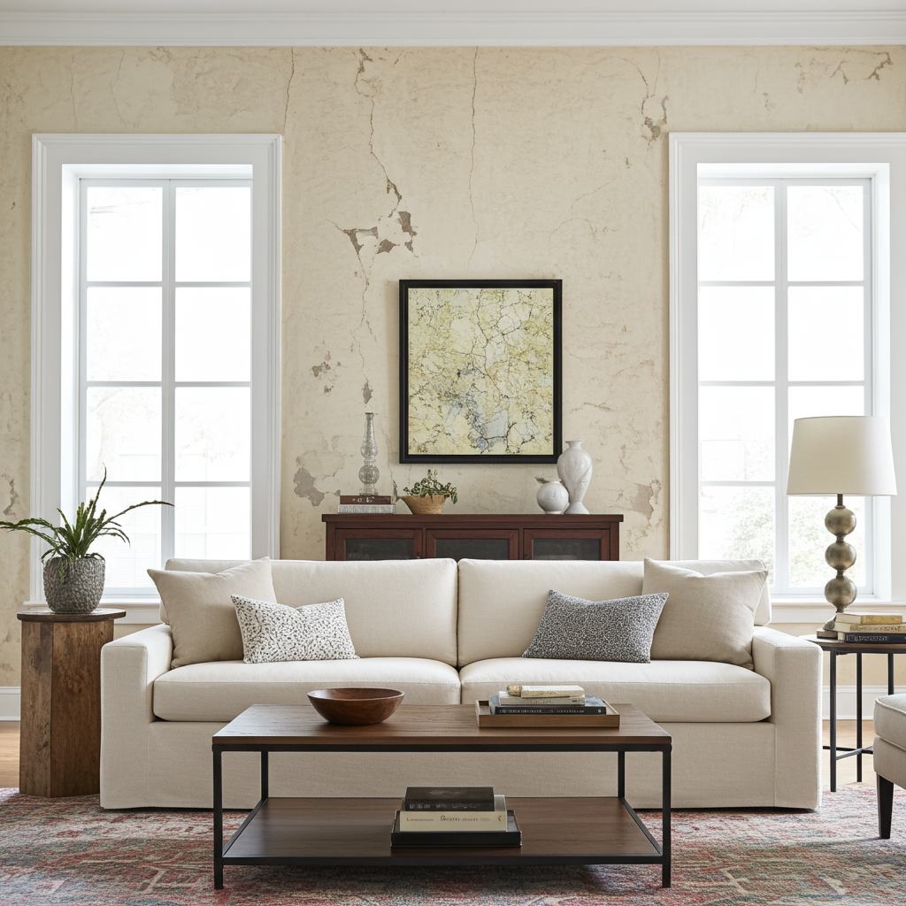 Living room with a beige sofa, wooden coffee table, and decorative items.