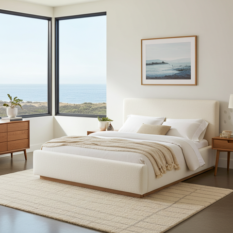 Modern bedroom with a large bed, side tables, and a view of the ocean.