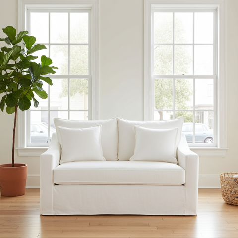 White sofa with cushions in a bright room with large windows and a plant.