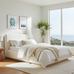 Modern bedroom with a large window, bed, and decorative elements.
