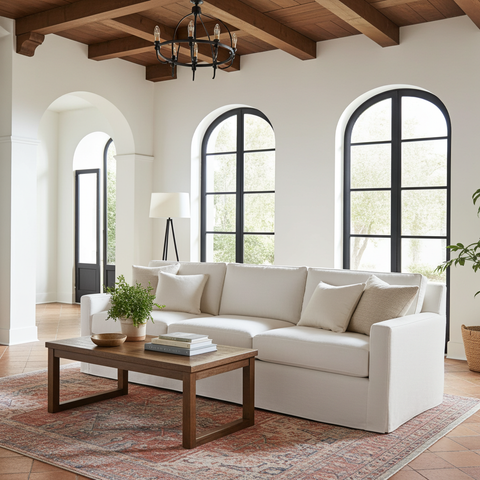 White sectional sofa in a bright living room with wooden coffee table and decorative elements.