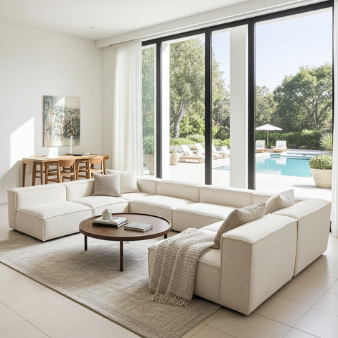 Modern living room with a sectional sofa, round coffee table, and large windows overlooking a pool and garden.