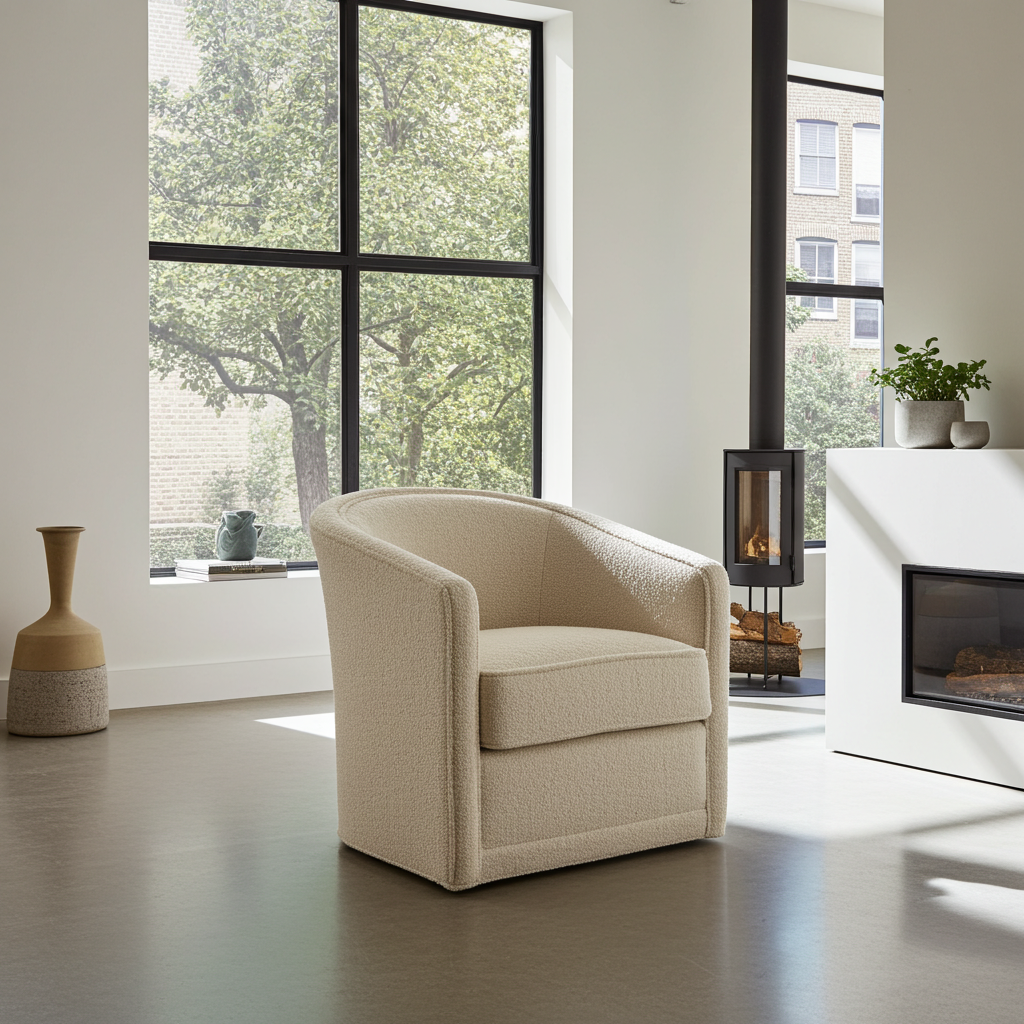 Beige armchair in a modern living room with large windows and a fireplace.