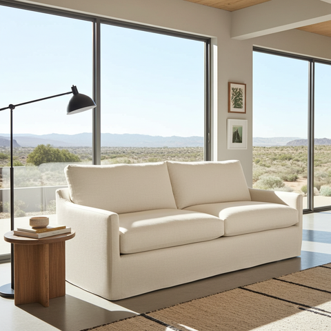 Beige sofa in a modern living room with large windows and a view of the outdoors.