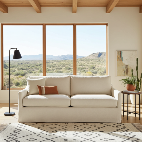 Beige sofa with a view of mountains through large windows in a living room.