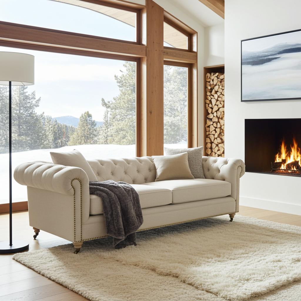 Beige sofa in a modern living room with large windows, fireplace, and TV.