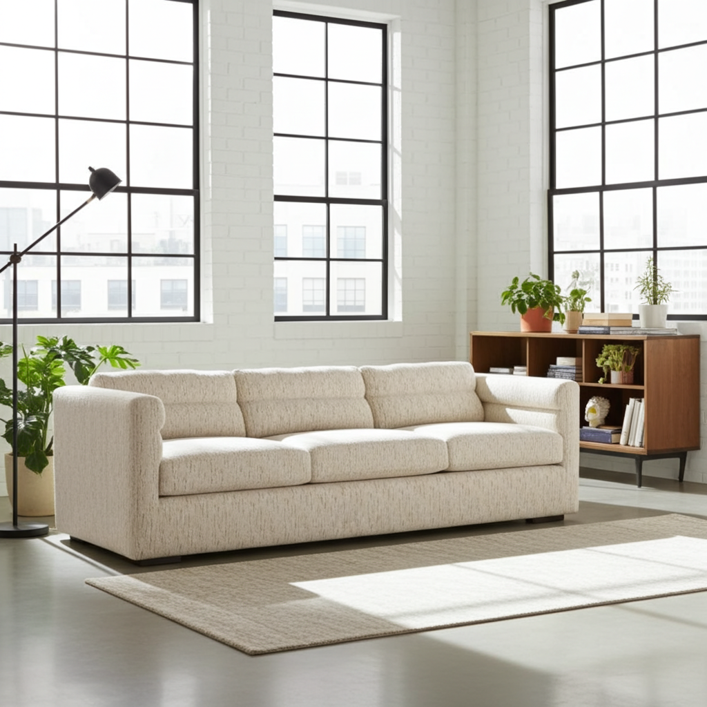 Beige sofa in a modern living room with large windows and a wooden bookshelf.
