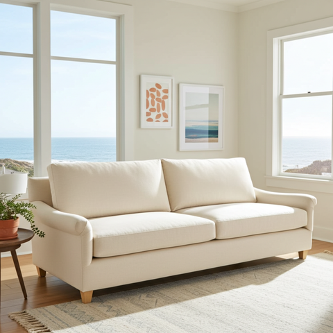 Beige sofa in a bright living room with large windows and ocean view