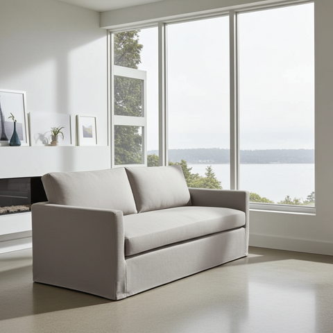 Gray sofa in a modern living room with large windows overlooking a scenic view.