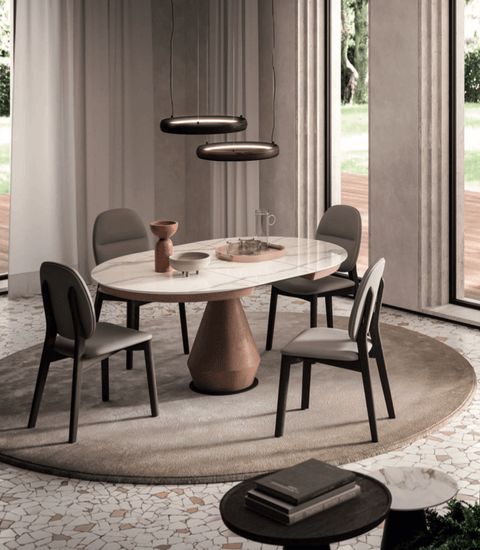 Lycos Round Extendable Marble Glass Dining Table